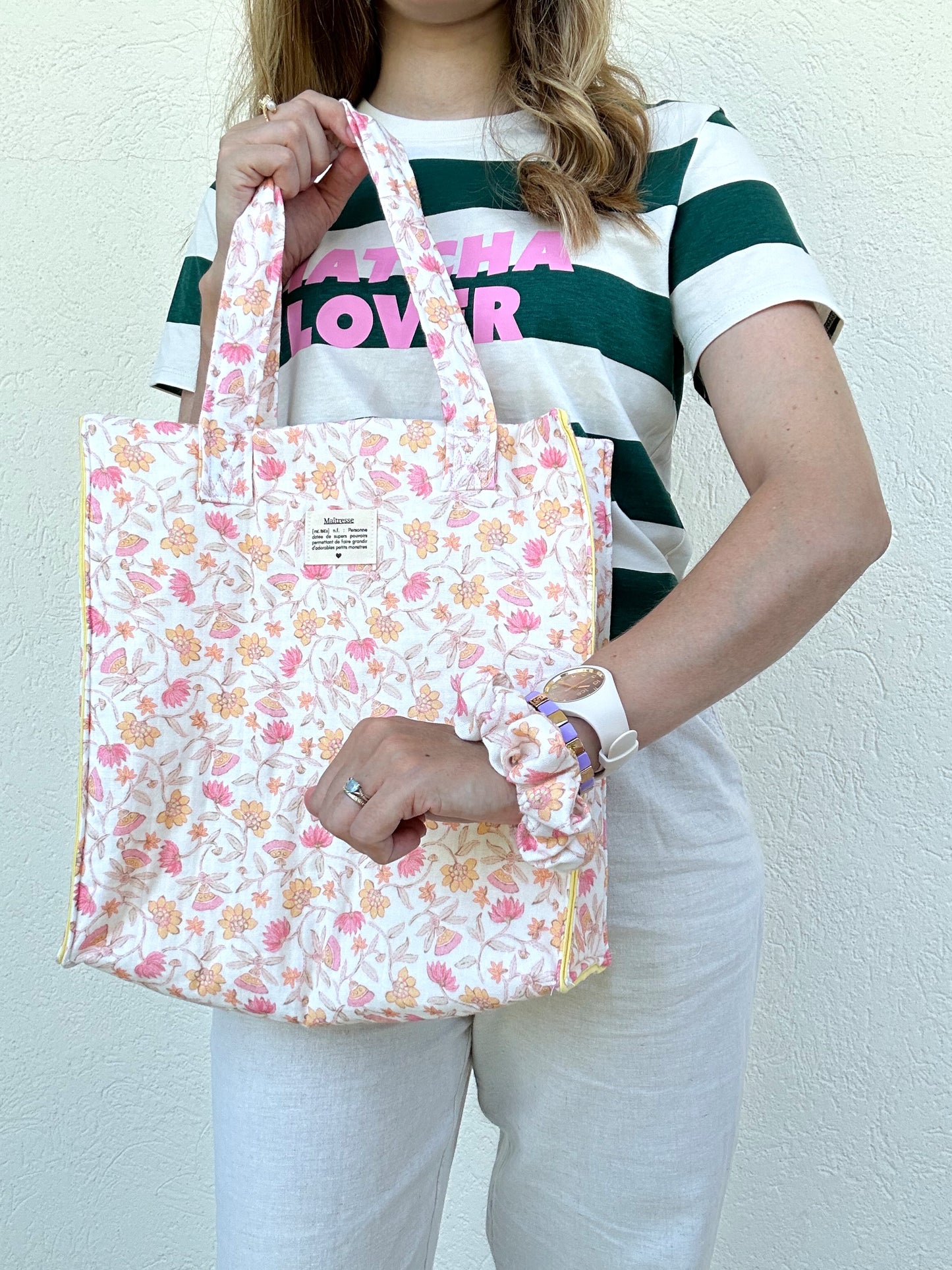 Sac cabas et son chouchou assorti fleuri été