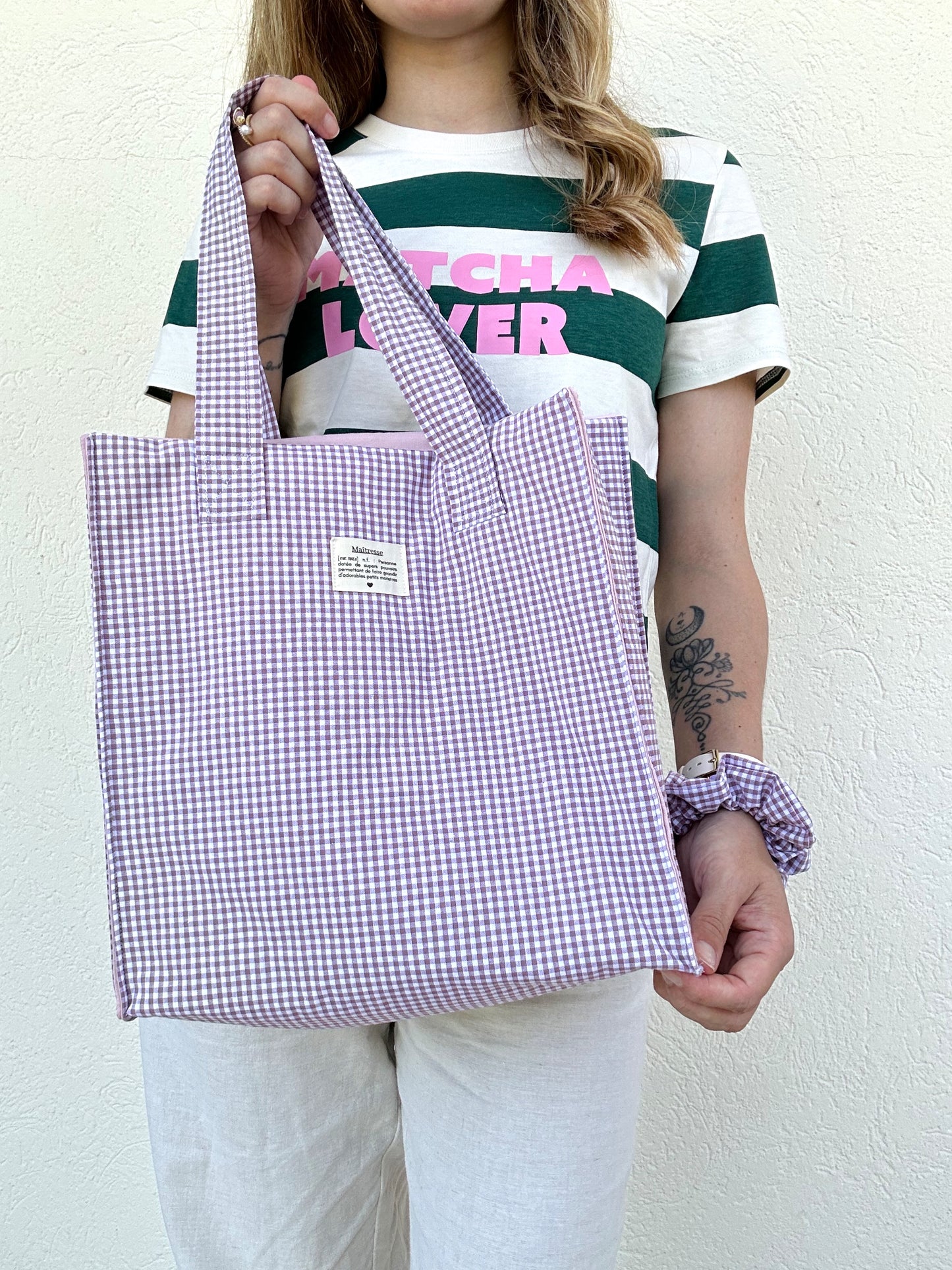 Sac cabas et son chouchou assorti vichy violet